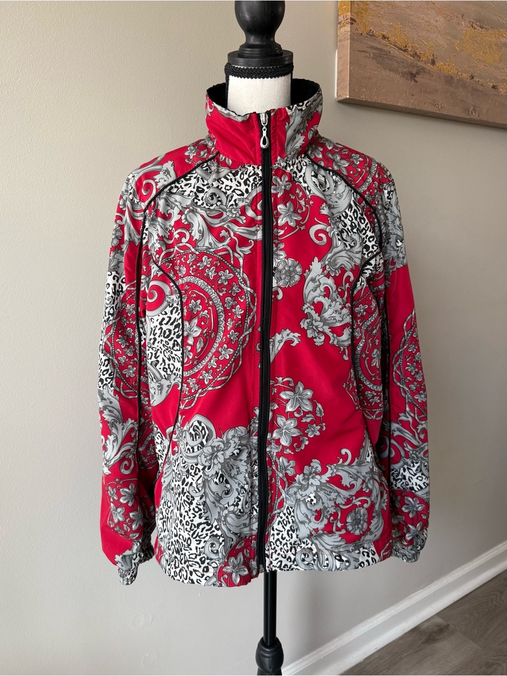 Kim Rogers Petite Red Baroque Leopard Print Windbreaker Jacket PM